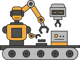 A robot is working on a conveyor belt with a machine behind it