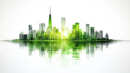 Fototapeta premium A stylized green skyline reflecting on water, symbolizing eco-friendliness and modern urban architecture.