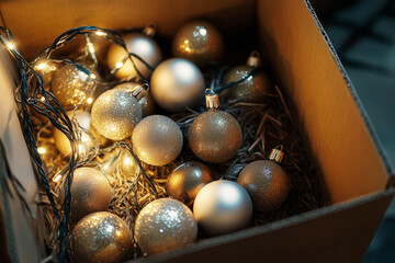 Box of Packed Christmas Ornaments