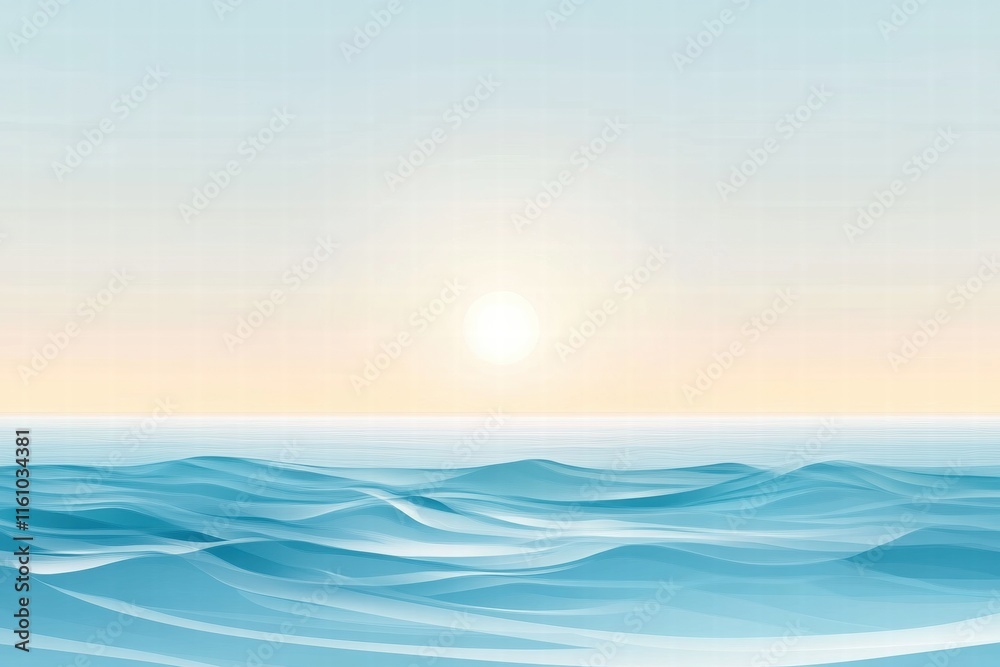 Poster Stylized waves and sun over a tranquil horizon with ample clear space for custom text placement. Generative AI