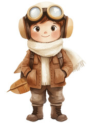 Fototapeta premium simple watercolor illustration of a cute Middle-aged man in pilot suit, brown hat with white fleece and classic aviator goggles, brown leather jacket, cream scarf, dark brown leather gloves, cream puf