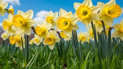 Obraz premium Fresh Yellow Daffodils in Lush Grass on a Sunny Day