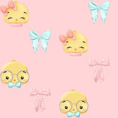 Chicken girl and boy with bows on a pink background seamless print for Easter