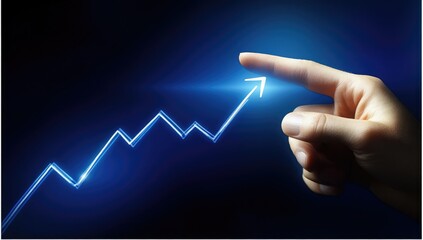 A hand pointing at a rising graph, symbolizing growth and success.