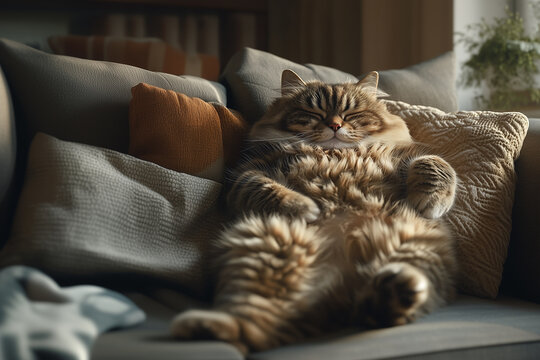 A chubby, fluffy cat lying lazily on a soft pillow, with a relaxed expression, surrounded by a warm, cozy living room.  - Powered by Adobe