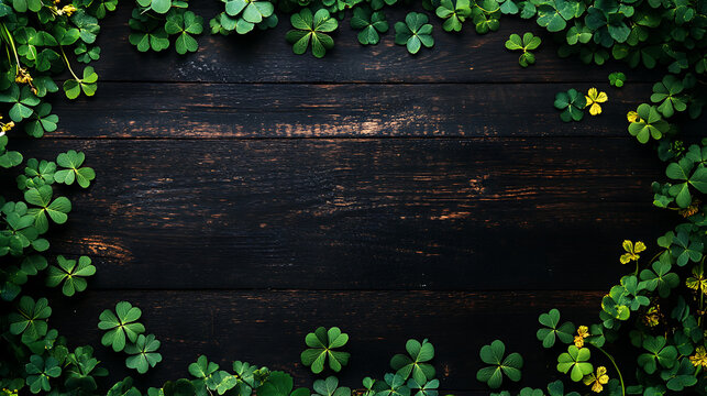 Fresh Clover Leaves on Dark Wooden Background for St. Patrick's Day, A vibrant image of fresh clover leaves arranged artfully around the edges of a dark wooden plank surface.
