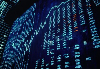 A digital display of stock market data with fluctuating graphs and numerical information.