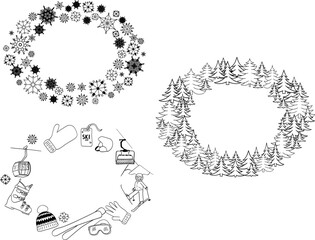 Pine tree forest, snowflakes, ski equipment oval frame set in graphic line style. vector template Merry Christmas hand written text. For holiday headers, banners, party posters.
