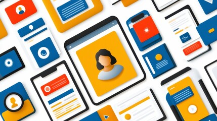 A vibrant collage of digital interfaces showcasing user profiles, notifications, and icons, emphasizing technology and connectivity.