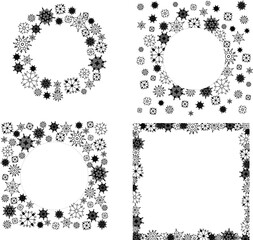 New Year, Christmas round snow frames. Set of winter graphic line abstract backgrounds, border templates with empty space for text. Vector Circle, ring shapes made of  snowflakes.