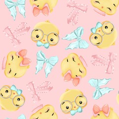 Chicken girl and boy with bows on a pink background seamless print for Easter
