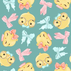 Chicken girl and boy with bows on a blue background seamless print for Easter