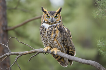 Obraz premium Majestätische Eule auf einem Ast in natürlicher Umgebung.