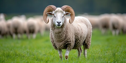 Naklejka premium A large ram with twisted horns grazes on green lush pastures. This striking ram stands out among sheep in the meadow, showcasing the beauty of rural farm life and green grass.