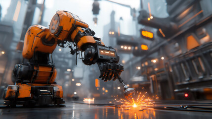 Robotic arm welding on production line in futuristic factory