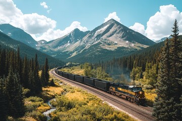 Freight train traversing a scenic mountain pass, surrounded by lush forests and towering peaks under a bright sky.