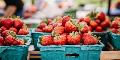Fresh strawberries for sale at an outdoor market place, showcasing vibrant strawberries that entice shoppers. Discover the delightful offerings of strawberries in this lively market environment.