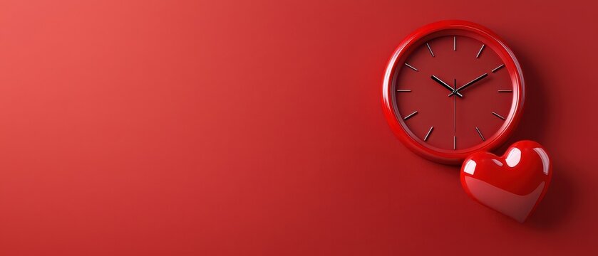 A clock and a heart on a red background symbolize love and time.