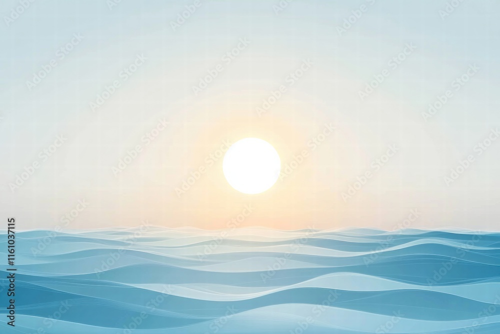 Poster Soft waves meet a stylized sun on the horizon with ample space for text insertion in a serene setting. Generative AI