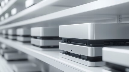 A row of sleek, modern storage devices neatly arranged on a shelf, showcasing a minimalist design and advanced technology.