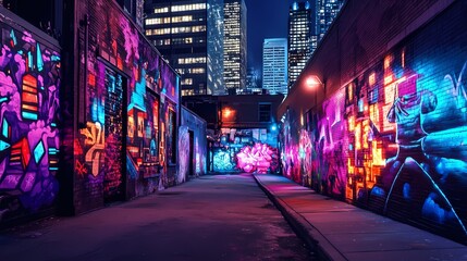 Neon Nights: Vibrant Graffiti Alley in Cityscape