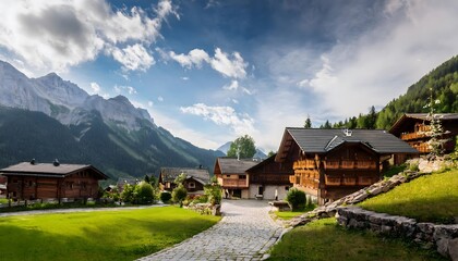 Fototapeta premium Alpine Village Scenic Mountain Homes Cobblestone Path Summer