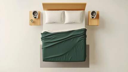 Modern bedroom with green blanket, two pillows, loudspeakers and nightstands, top view
