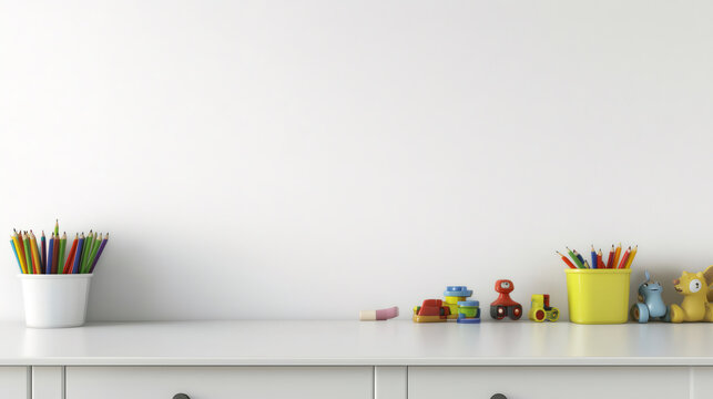 Kids room interior with colored pencils, toys and blank wall background promoting creativity and play