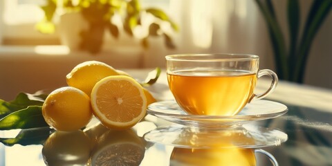 Cup of tea accompanied by fresh lemons arranged on a glass kitchen table, creating a vibrant and inviting atmosphere with the cup of tea and lemons prominently featured.