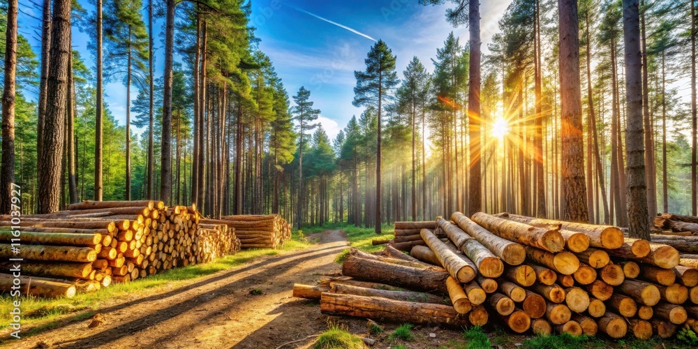 Poster Golden sunlight streams through a dense pine forest, illuminating a path lined with stacked logs, a testament to the forest's bounty.
