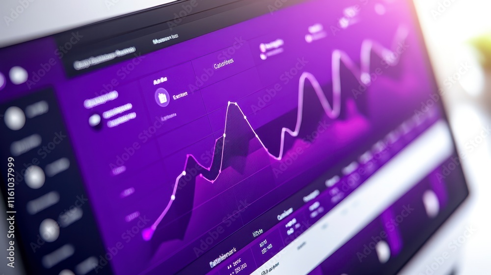 Poster a modern digital dashboard displaying purple-themed analytics and data visualizations with various m