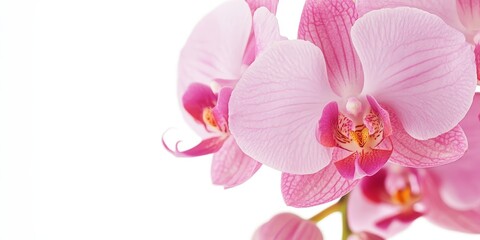 Close up of a pink orchid flower isolated on a white background, showcasing the delicate features and vibrant color of the pink orchid flower, perfect for nature themed designs.