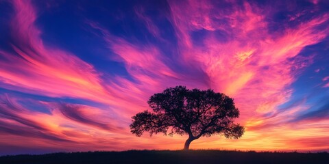 Obraz premium Stunning tree silhouette against a beautiful sky, showcasing the vibrant colors and serene atmosphere created by the beautiful sky that surrounds it, inviting a sense of peace and wonder.