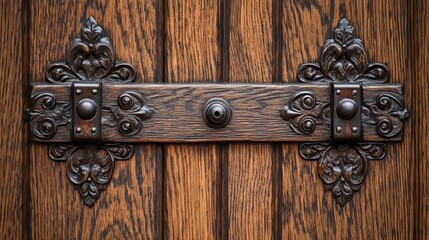 Stained yellow brown oak wood gate leaf featuring new forged wrought iron mounting and embossing. The sturdy wood grain is complemented by riveted decorative motifs, hinge, lockset, and door handle.