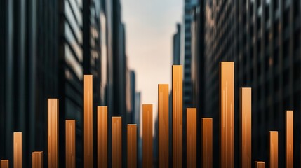 Obraz premium Financial risk analytics assessment concept. A cityscape featuring tall buildings with a background of a bar graph, symbolizing data analysis and financial growth.