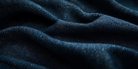 Fototapeta premium Detailed view of dark slate blue fabric texture made from organic cotton. This premium quality natural denim features a rich texture with visible threads and depth.