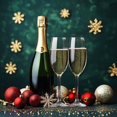Champagne Bottle and Two Glasses with Sparkling Wine Surrounded by Christmas Decorations and Golden Snowflakes on a Green Background.