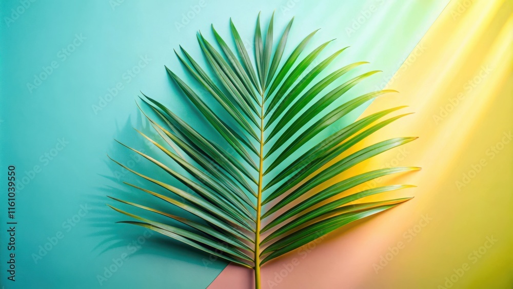 Poster a single palm frond against a vibrant teal and yellow background, a simple yet striking representati