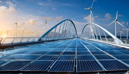 Obraz premium Sustainable Energy Solar Panels Wind Turbines Bridge