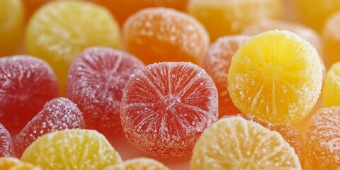 Macro shot showcasing vibrant jelly orange and lemon candies, beautifully arranged with fresh oranges in the background, creating a delightful visual of jelly candies and citrus.