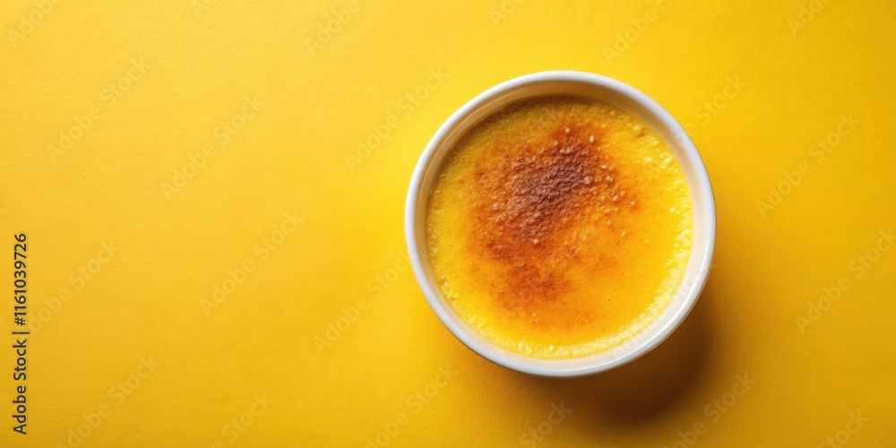 Poster a single serving of creamy custard with a slightly caramelized top sits on a bright yellow backgroun