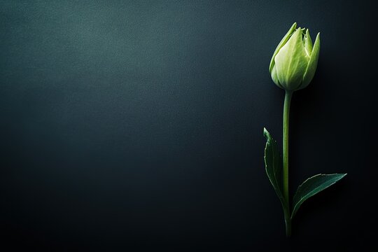 Single green flower bud against a dark background. Minimalist floral still life photography.