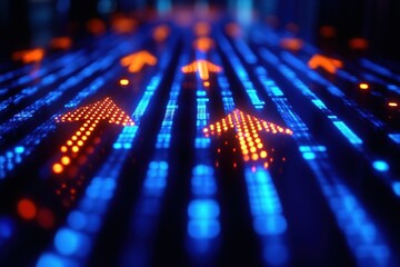 Digital upward trend, glowing arrows on a blue data stream.  Progress, growth, and success concept.