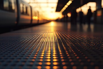 Sunset view at a train station platform.  Golden hour light reflects on the textured metal floor.