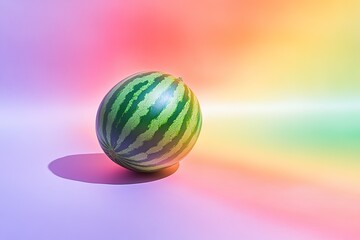 Obraz premium A single watermelon sits on a pastel-colored surface, bathed in soft light.