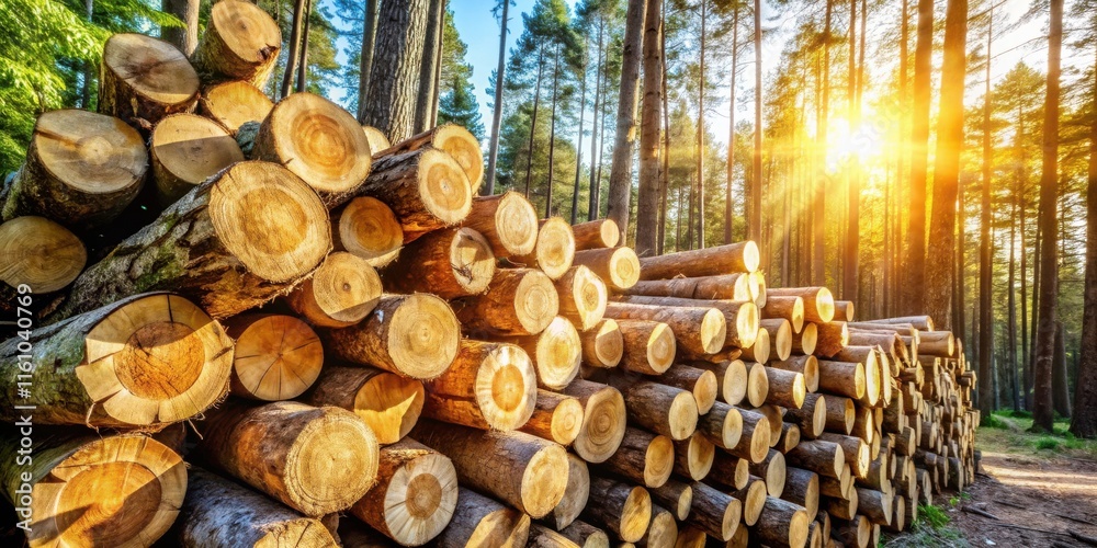 Poster A stack of freshly cut logs in a forest, with the setting sun shining through the trees, casting long shadows on the ground