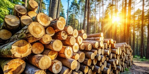A stack of freshly cut logs in a forest, with the setting sun shining through the trees, casting long shadows on the ground