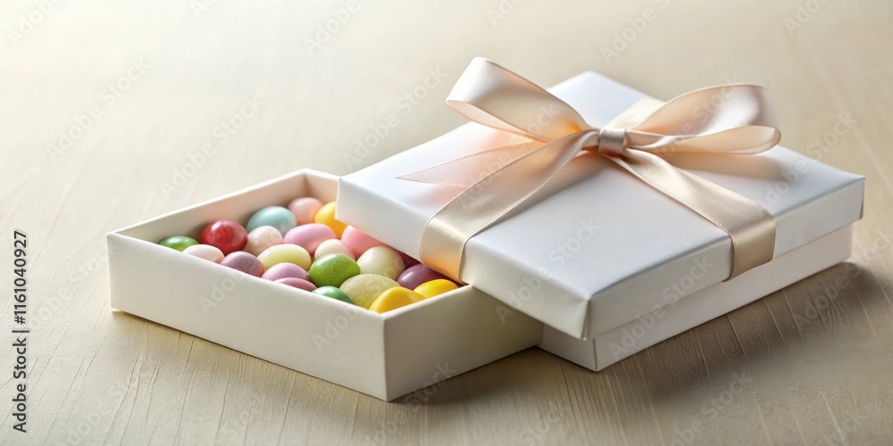 Poster a white gift box with a delicate ribbon tied around it, slightly open to reveal a colorful assortmen