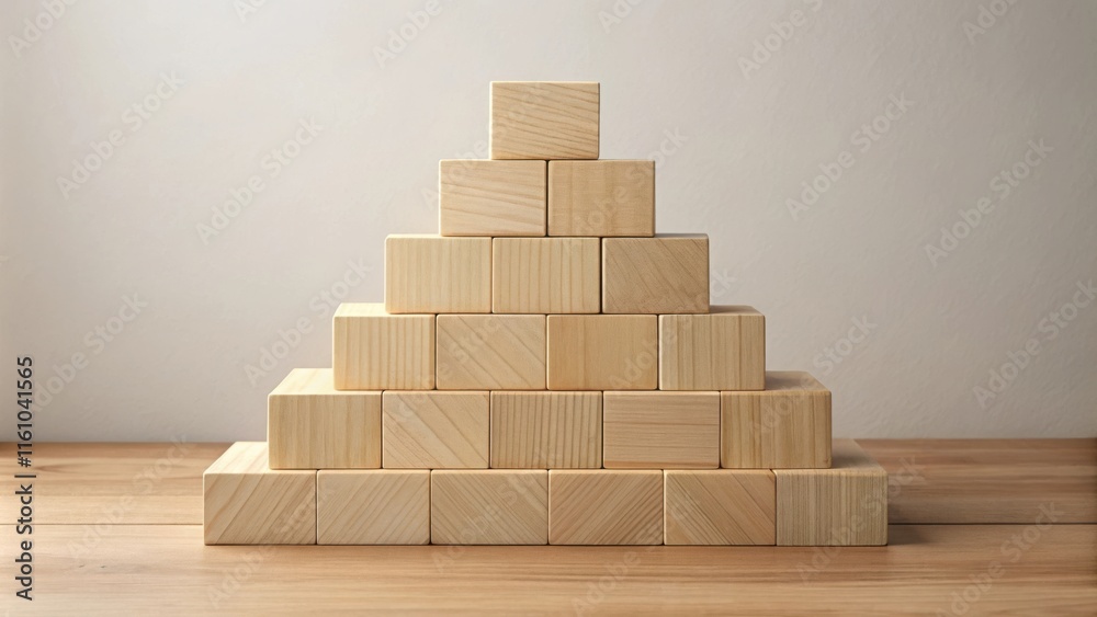 Aufkleber a pyramid made of wooden blocks arranged in a geometric pattern on a wooden surface.