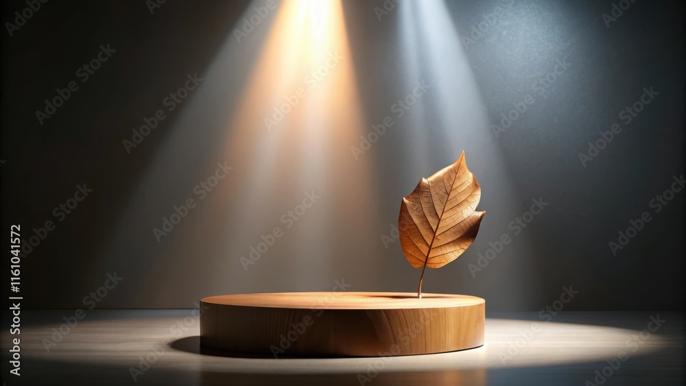 Poster a minimalist display featuring a circular wooden platform and a single dried leaf in the spotlight